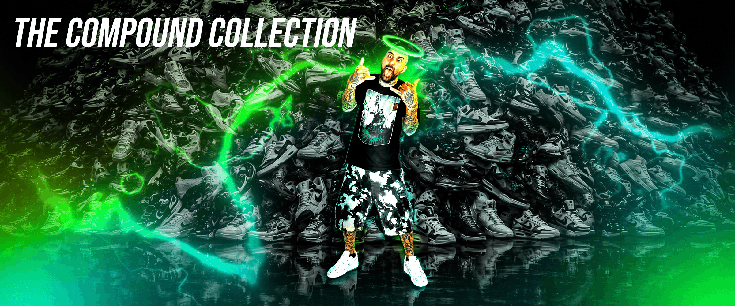 Full-color The Compound Collection archive hero artwork with logo, subject, sneaker mountain, green and cyan glow, and reflective floor